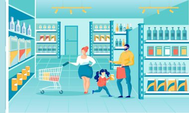 Aile Üyeleri Araba ve Trolleyle Alışveriş Yapıyor.