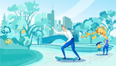 Guy Park 'ta Yürüyor ve Video Bloğu Düz Pankart Yap.