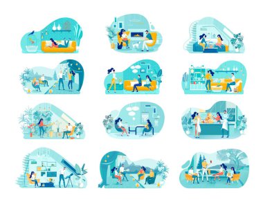 Yurtiçi Rekreasyon Düz Vektör Resimleri Ayarlandı