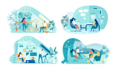 Kapalı Alan Rekreasyonu Düz Vektör Resimleri Ayarlandı