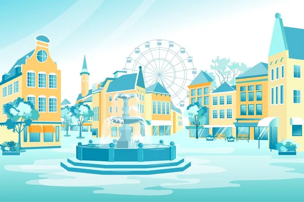 City Street with Fountain, Houses and Ferris Wheel — стоковий вектор