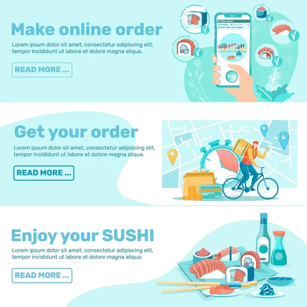 Sushi παραγγελία βήματα Web Banner Επίπεδα Πρότυπα Σετ — Διανυσματικό Αρχείο