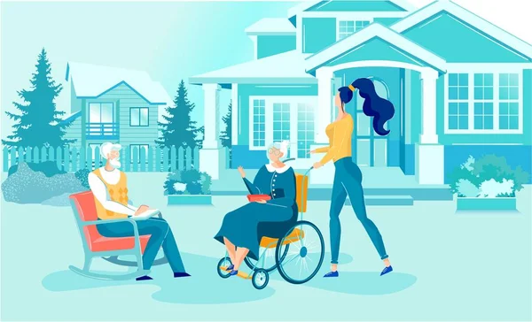 Pensionärshemmets volontärflicka besöker seniorkvinnan — Stock vektor
