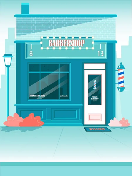 Budynek zakładu fryzjerskiego ze sklepem przy ulicy City Street — Wektor stockowy