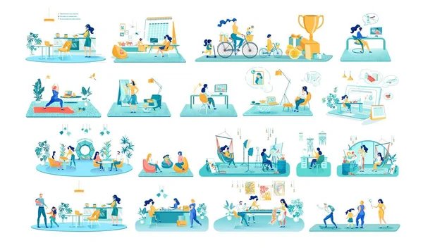 Working and Resting People Flat Illustrations Set — Stock Vector