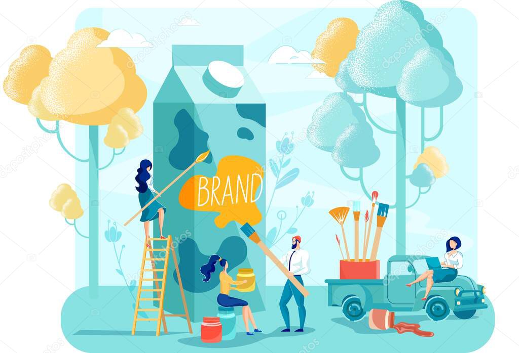 Farm Dairy Product Brand Packaging Appearance Development and Distribution. Creative People Marketer Team Working on Milk Package Label Design Painting Cardboard Box. Branding. Vector Illustration
