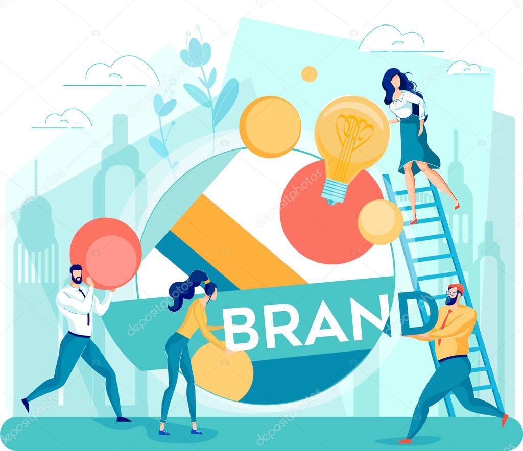 People Business Team Engaged in Brand Design Creation Process. Man Woman Developer and Marketer Working on Trademark, Company Logo. Branding and Reputation Management. Vector Illustration