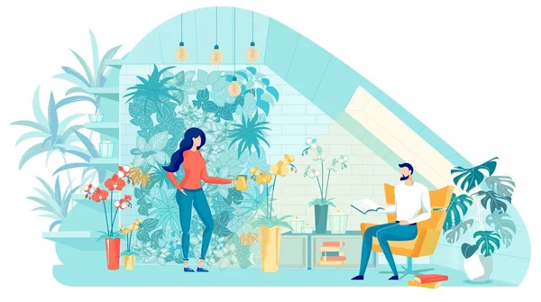 Pareja joven está criando plantas en habitación separada . — Vector de stock