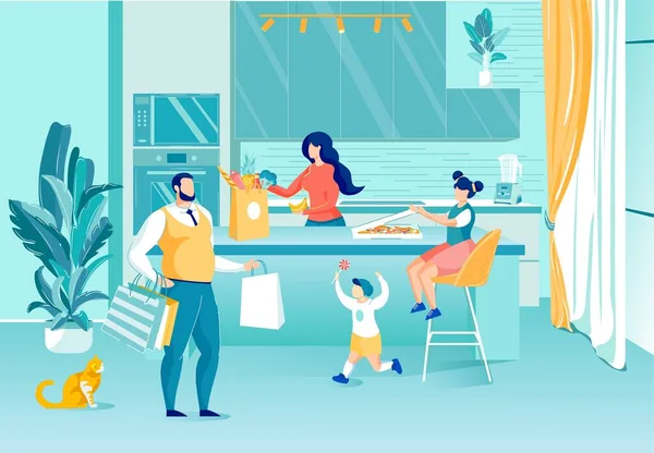 Familia feliz con niños charlando en la cocina casera — Vector de stock