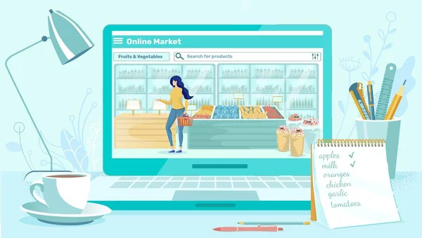 Online Market on Laptop Screen, Κορίτσι στο Κατάστημα. — Διανυσματικό Αρχείο