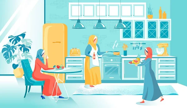 Arabo donna cucina insieme a casa cucina — Vettoriale Stock