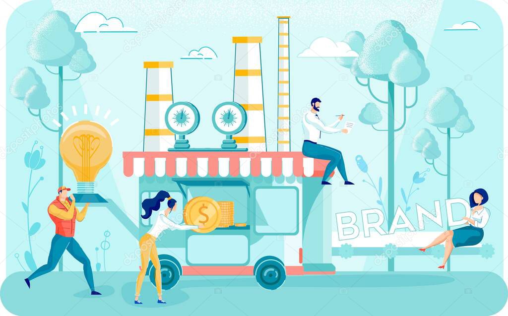 Product Brand Identity and New Business Startup Development. People Investing Money, Creative Idea, Analyzing Demand Statistic. Innovation and Research, Store Network Expanding. Vector Illustration