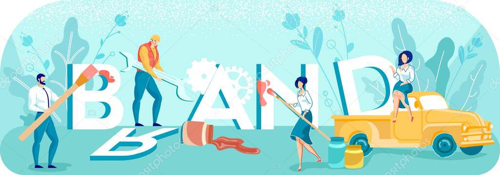 People Marketers Working on Brand Design Metaphor. Man and Woman Painting Capital Letters. Gear Wheels Car and Employees Team on Natural Backdrop. Branding Business Development. Vector Illustration