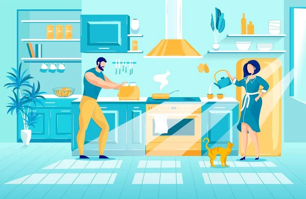 Famille couple cuisson petit déjeuner sur la maison cuisine — Image vectorielle
