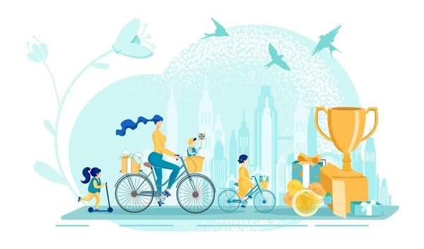 Mamá con niños paseo bicicletas vectorial ilustración — Vector de stock