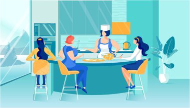 Kadın Aşçılık ve Mutfak Eğitimi Kursları. Önlüklü kadın aşçı aşçı ve kızlara yemek, kurabiye pişirmeyi öğreten şapkalı aşçı. Yetenek geliştirme. Mutfak İçi. Vektör Düz illüstrasyon