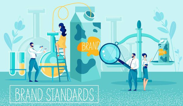 Brand Management Standards for Marketing Materials. People Creative Team Working on Product Corporate Style and Identity. Unique Milk Packaging Label Design Development. Vector Illustration