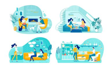 Boş Zamanlar ve Hobiler Düz Vektör İllüstrasyonları Ayarlandı. Arkadaşlar ve Çiftler Çizgi Film Karakterleri Birlikte Zaman Geçirirler. Ev Hayvanları, Kız Arkadaşlarla Sohbet, Sihirli Performans ve Ev Dekorasyonu ile Rahatlama