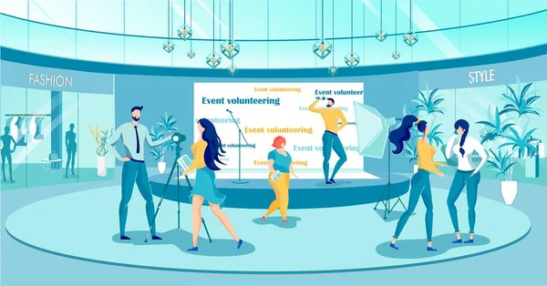 Event Volunteering Shopping Mall Vector Illustration Cartoon Man Mikrofonem Scenie — Wektor stockowy