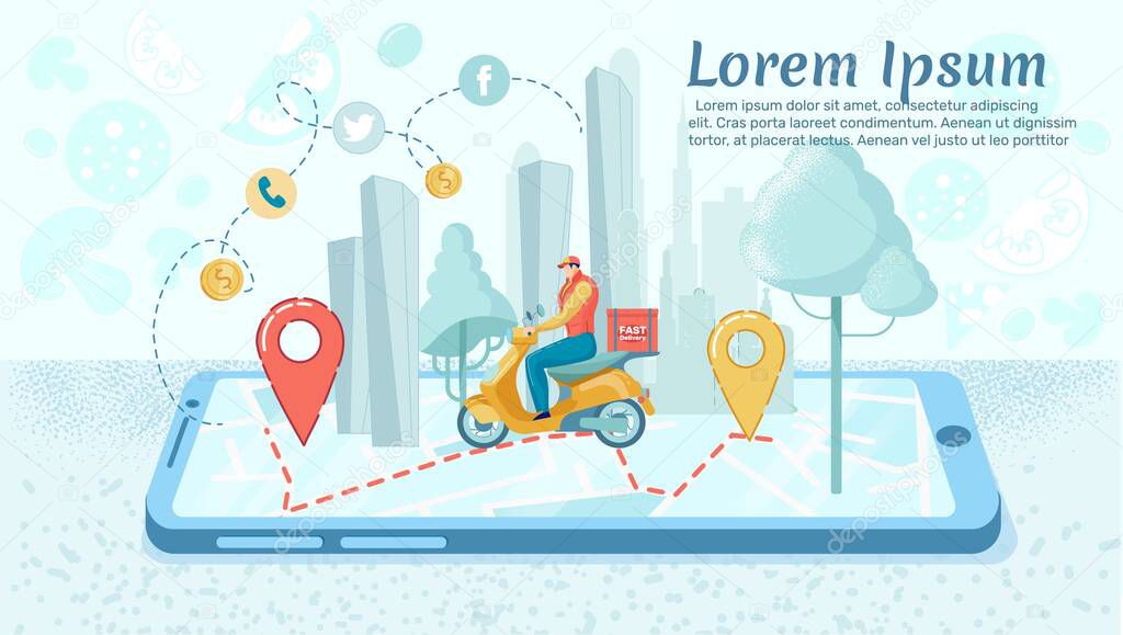 Delivery Man in Uniform Riding on Scooter to Give Food to Customer. Person Moving on Map to Destination with City in Background. Mobile Phone Application with Food Shipment Flat Vector Illustration.