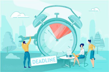 Çizgi filmdeki adam çalar saati durdurdu ve anahtar vektörü illüstrasyonuyla. Kadın Ofis İşçisi Proje Planını Tartıştı. Masadaki Kağıt Yığını. Teslim tarihi konsepti. Zaman Yönetimi Sorunu