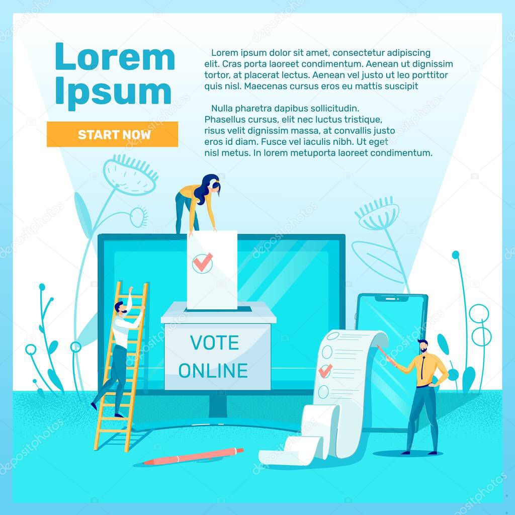 Online Vote with People Characters Putting Ballot into Box. Social Polling and Public Services Effectivity Rate. Internet Technology for Democracy and Social Rights. Flat Vector Illustration.