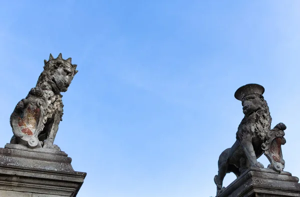Statue in pietra raffiguranti leoni che proteggono l'ingresso — Foto Stock