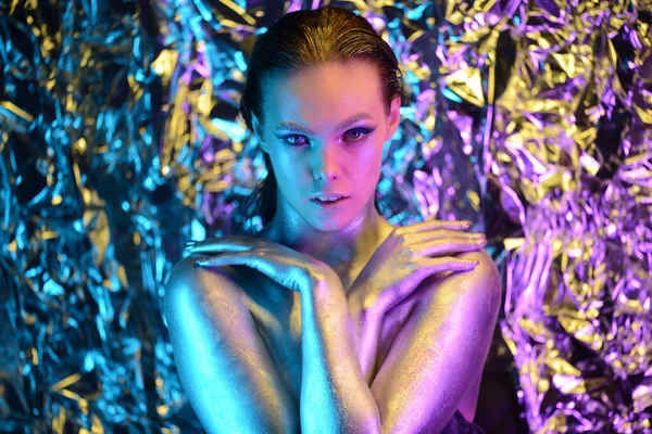 Fashion Model Woman Colorful Bright Lights Trendy Makeup Beautiful Girl — Stock Photo, Image