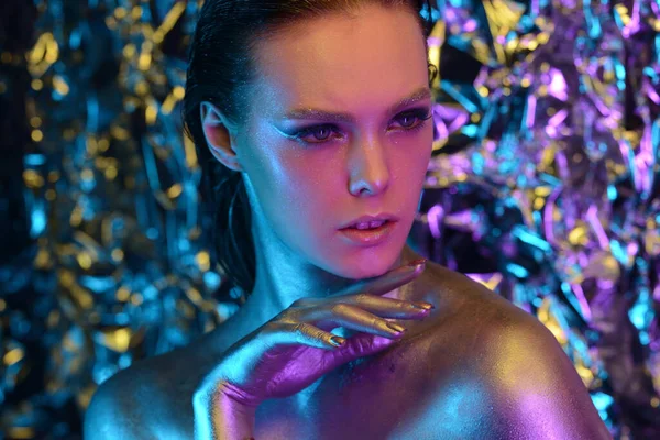 High Fashion Model Woman Colorful Bright Lights Posing Studio Night — Stock Photo, Image