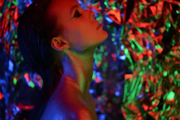 Fashion Model Woman Dancing Neon Light Disco Night Club Beautiful — Stock Photo, Image