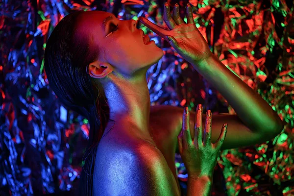 Sexy Girl Glittering Posing Neon Light — Stock Photo, Image