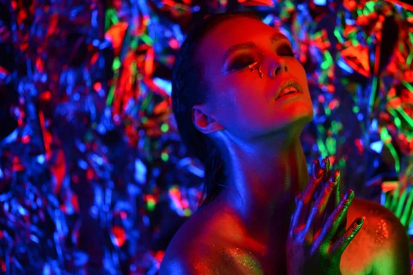 High Fashion Model Girl Colorful Bright Sparkles Neon Lights Posing — Stock Photo, Image