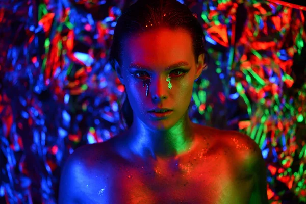 Luxurious Mystical Portrait Femme Fatale Neon Light Portrait Beautiful Young — Stock Photo, Image