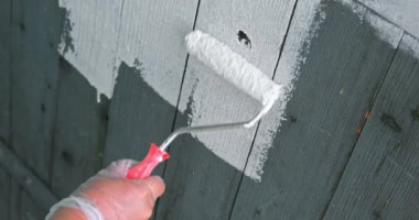 Eldivenli kız beyaz renkli, ahşap çitleri yakın planda boyuyor.