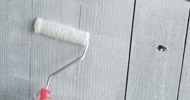 Vrouw in handschoenen verf roller houten hek in een witte kleur close-up — Stockvideo