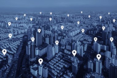 Şehirde ağ bağlantısının düz harita PIN. Ağ bağlantısı c