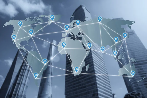 Pin lapos hálózati világ Térkép a hálózati kapcsolat névérték felett — Stock Fotó