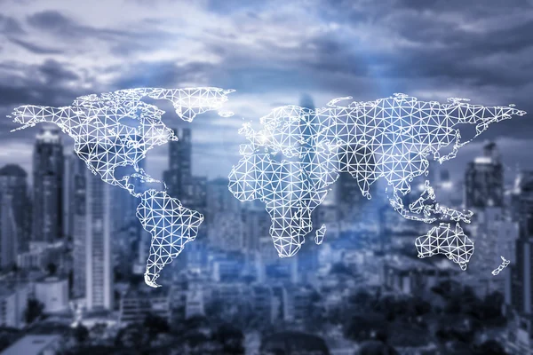 Network connection partnership and world map with city in backgr — Stock Photo, Image