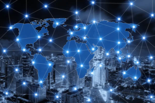 World map connection and blurred city of business centre. Techno — Stock Photo, Image