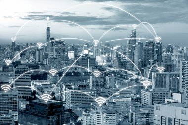 WiFi simgesi ve Bangkok şehir ağ bağlantısı konseptiyle Bang