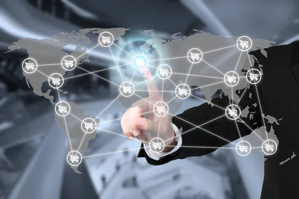E-ticaret iş ve küresel ağ bağlantısı ve sepeti işareti — Stok fotoğraf
