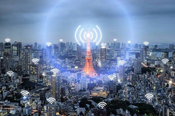 无线网络图标和网络连接的概念，东京的东京城市 — 图库照片