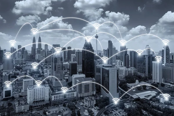 Sistema de conexão de negócios em rede na cidade de Kuala Lumpur em backgr — Fotografia de Stock