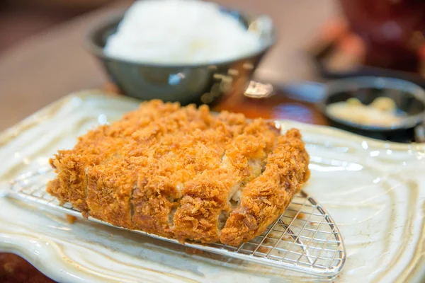 Fried Pork Cutlet serve with rice in dish at Japanese restuarant — Stock Photo, Image