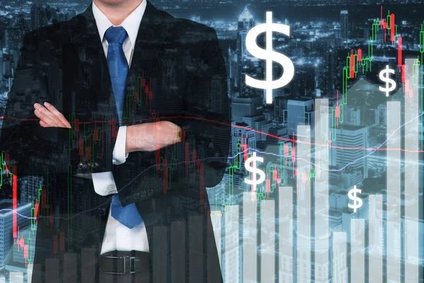 Trading stock market graph and bar on city at night. Business fi — Stock Photo, Image