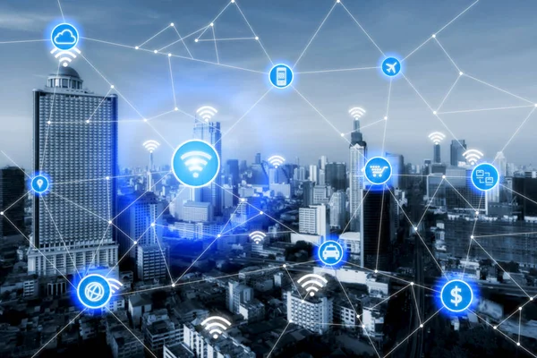 Intelligens város és a hálózat vezeték nélküli kommunikáció, üzleti negyed — Stock Fotó