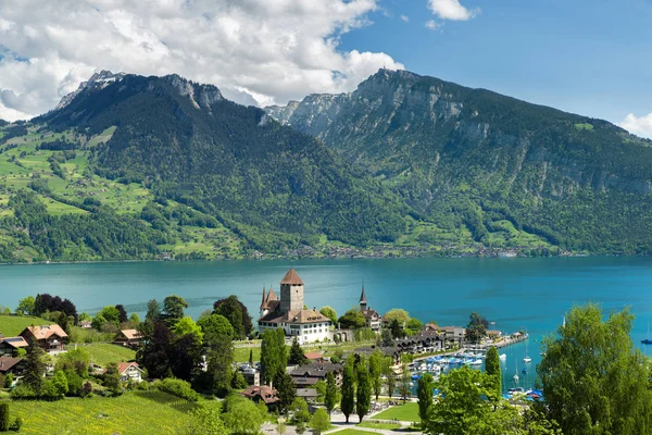 Spiez zamku nad jeziorem Thun w Bern, Szwajcaria. — Zdjęcie stockowe