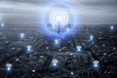 Paris akıllı city scape ve ağ bağlantı kavramı, kablosuz 