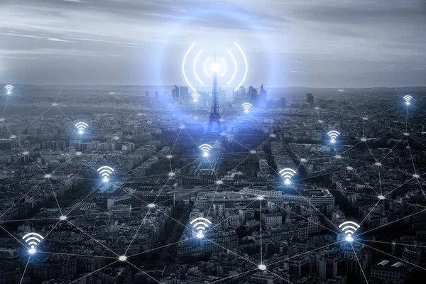 Parigi smart city scape e concetto di connessione di rete, wireless — Foto Stock