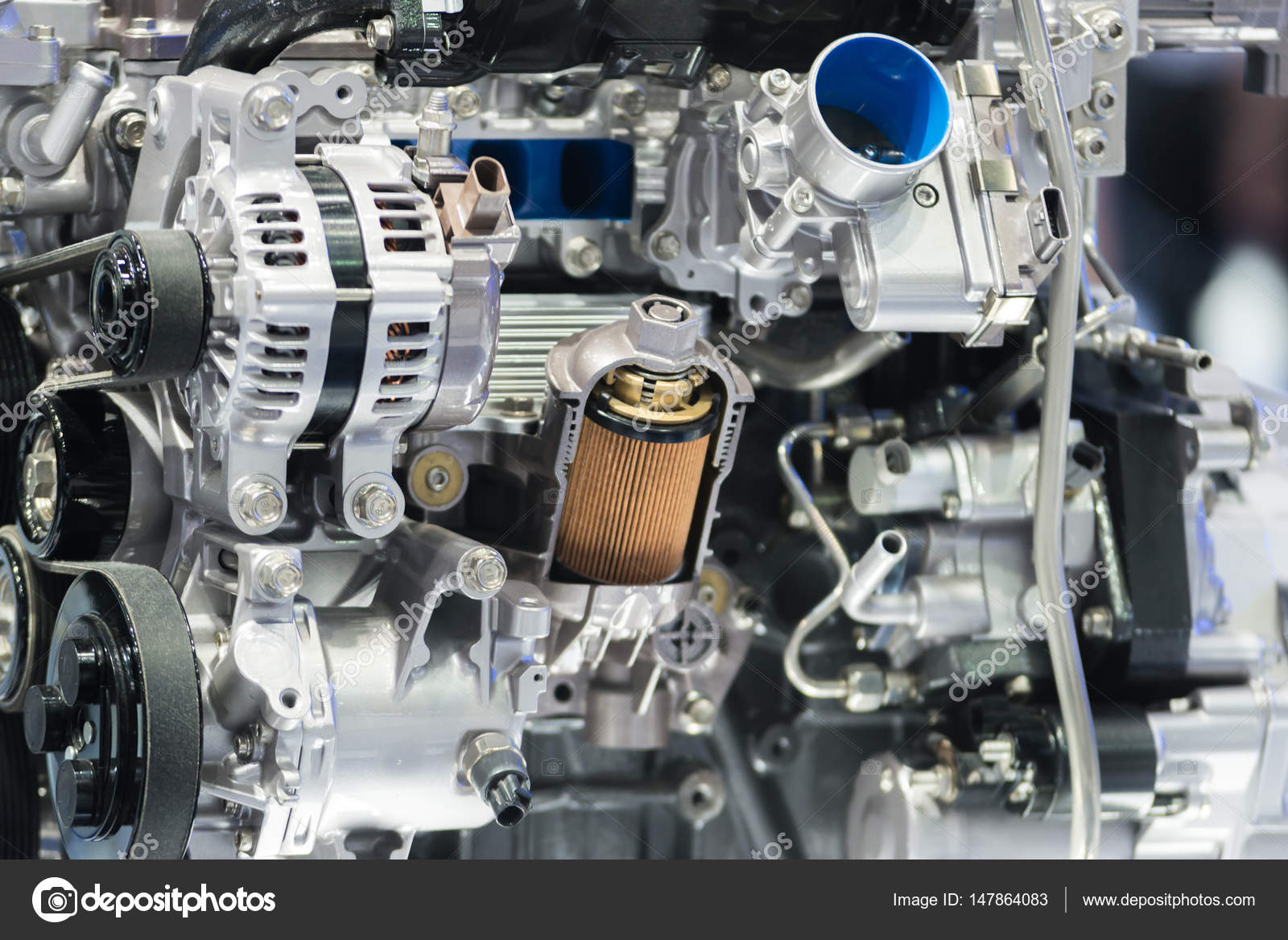 Engine oil filter cross section display inside machine motor in — Stock